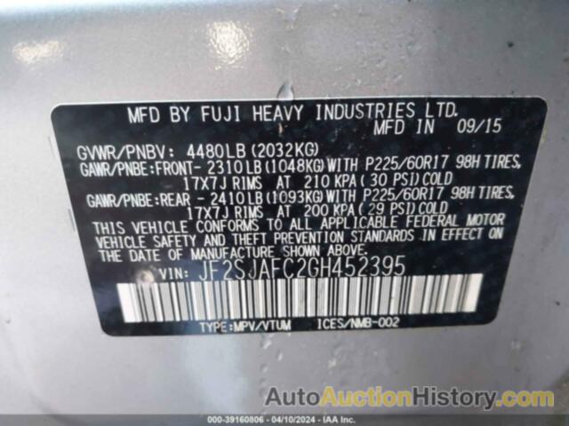 SUBARU FORESTER 2.5I PREMIUM, JF2SJAFC2GH452395