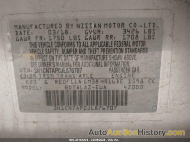 NISSAN VERSA 1.6 S+, 3N1CN7AP0JL876707