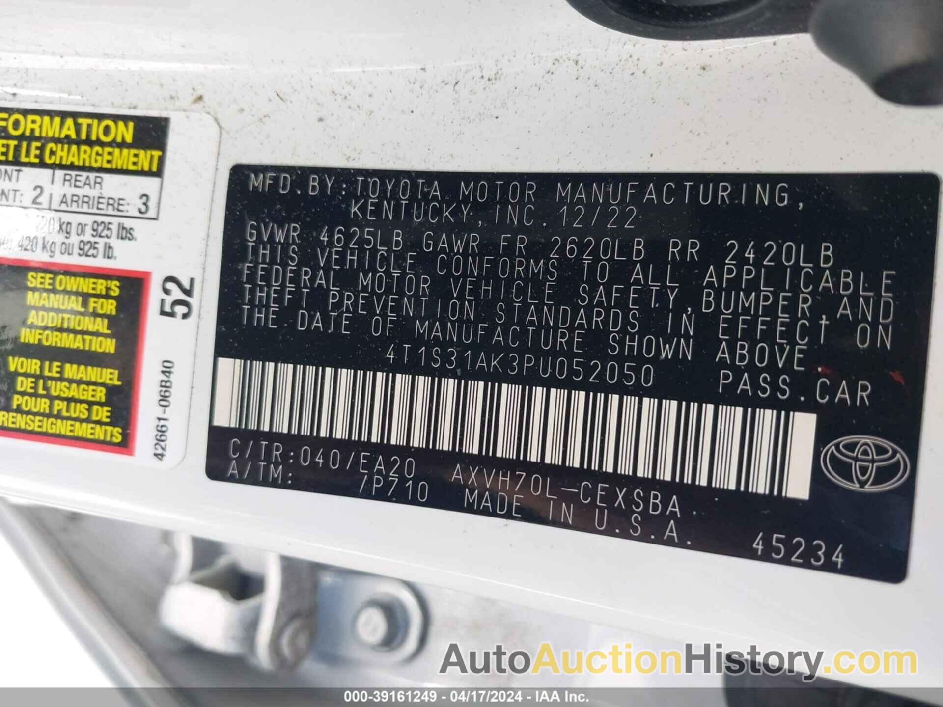 TOYOTA CAMRY SE HYBRID, 4T1S31AK3PU052050