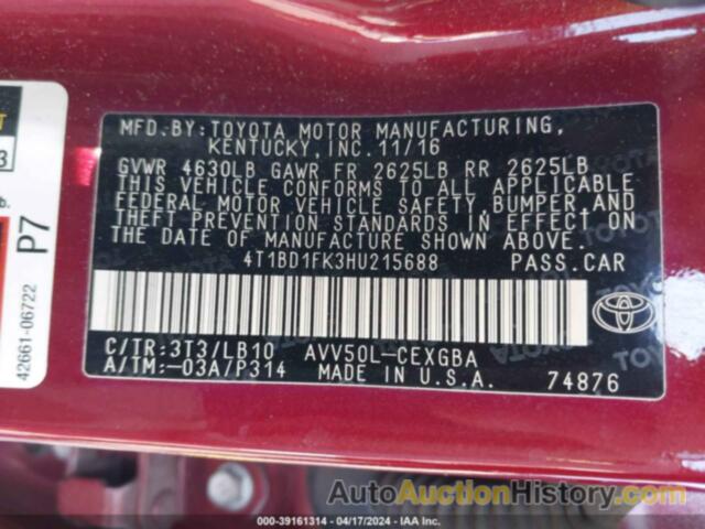 TOYOTA CAMRY HYBRID/LE/XLE/SE, 4T1BD1FK3HU215688