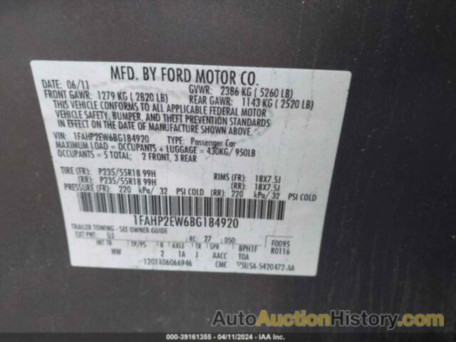 FORD TAURUS SEL, 1FAHP2EW6BG184920