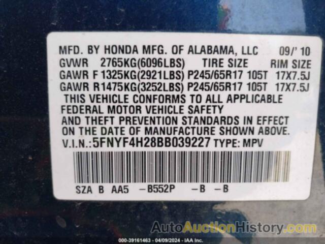 HONDA PILOT LX, 5FNYF4H28BB039227