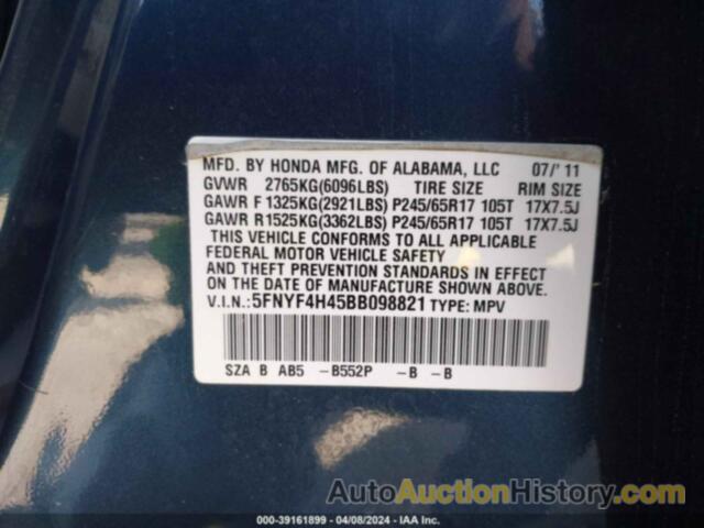 HONDA PILOT EX, 5FNYF4H45BB098821