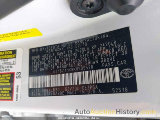 TOYOTA CAMRY XSE/XLE, 4T1BZ1HK8KU509528