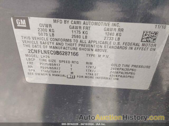 CHEVROLET EQUINOX LT, 2CNFLNEC9B6287166