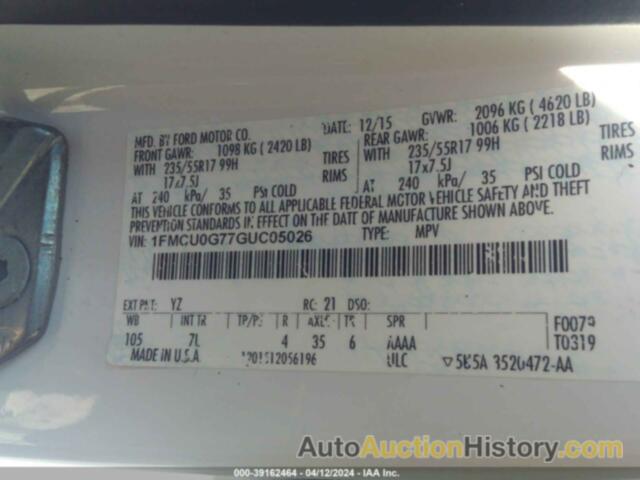 FORD ESCAPE SE, 1FMCU0G77GUC05026