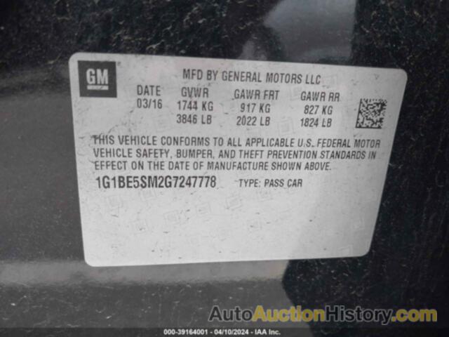 CHEVROLET CRUZE LT AUTO, 1G1BE5SM2G7247778