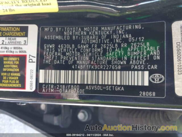 TOYOTA CAMRY XLE, 4T4BF1FK9CR227658
