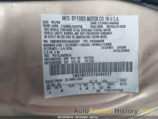 MERCURY SABLE LS PREMIUM, 1MEFM55S51G604527