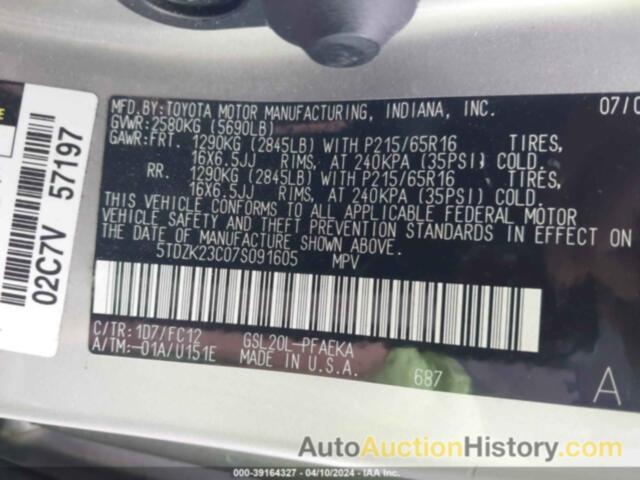 TOYOTA SIENNA LE, 5TDZK23C07S091605