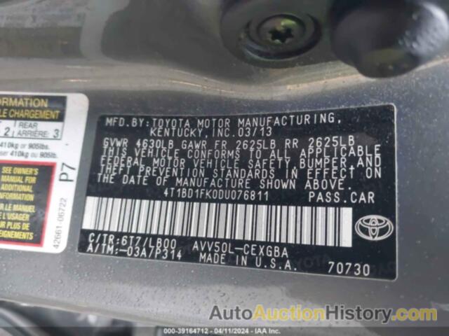 TOYOTA CAMRY HYBRID XLE, 4T1BD1FK0DU076811