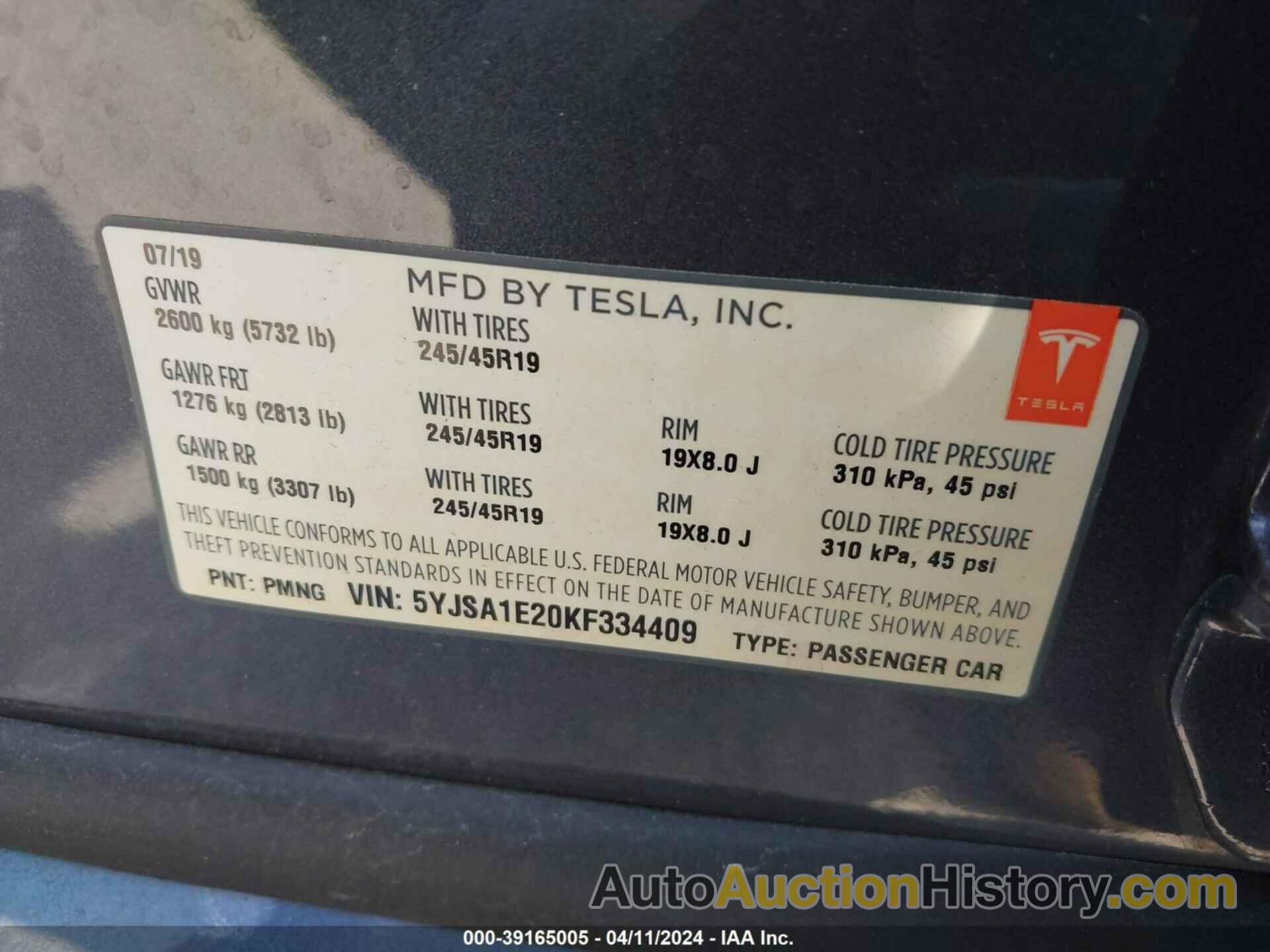 TESLA MODEL S 100D/75D/LONG RANGE/STANDARD RANGE, 5YJSA1E20KF334409