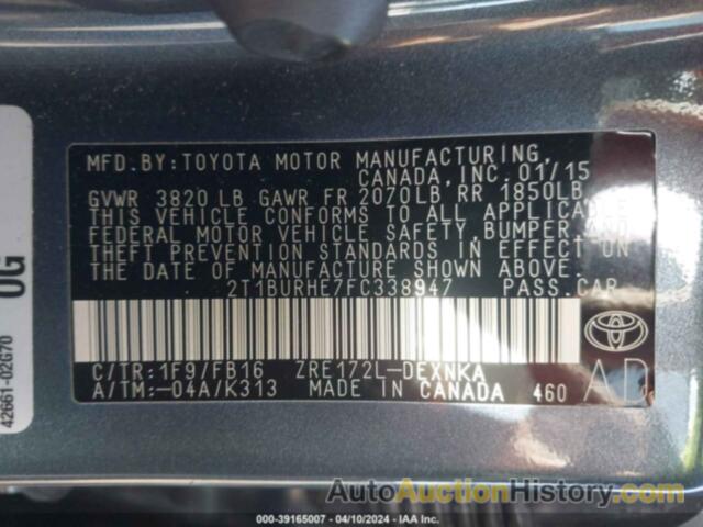 TOYOTA COROLLA LE PLUS, 2T1BURHE7FC338947