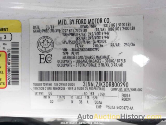 LINCOLN MKZ, 3LN6L2JK3DR800290