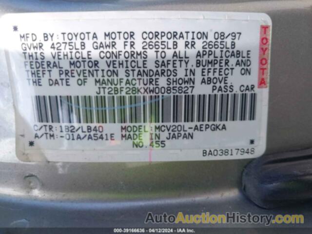 TOYOTA CAMRY XLE V6, JT2BF28KXW0085827