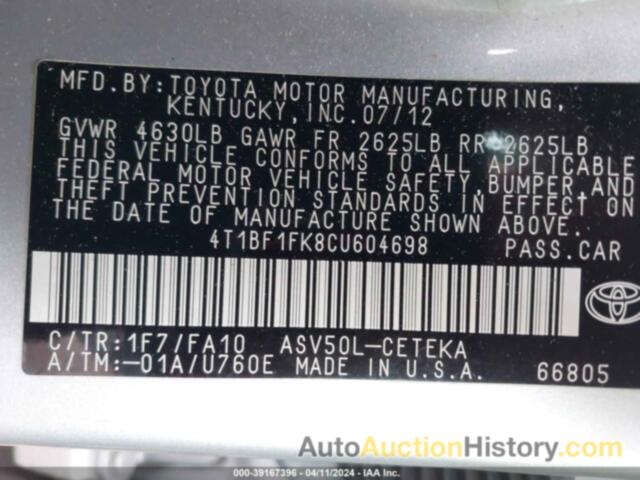 TOYOTA CAMRY SE/LE/XLE, 4T1BF1FK8CU604698