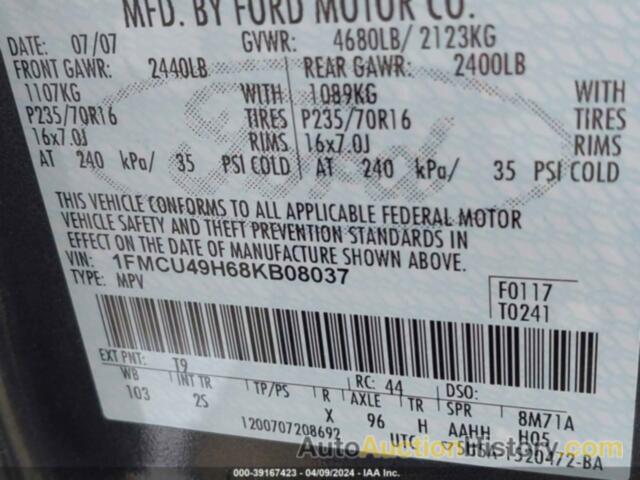 FORD ESCAPE HYBRID, 1FMCU49H68KB08037