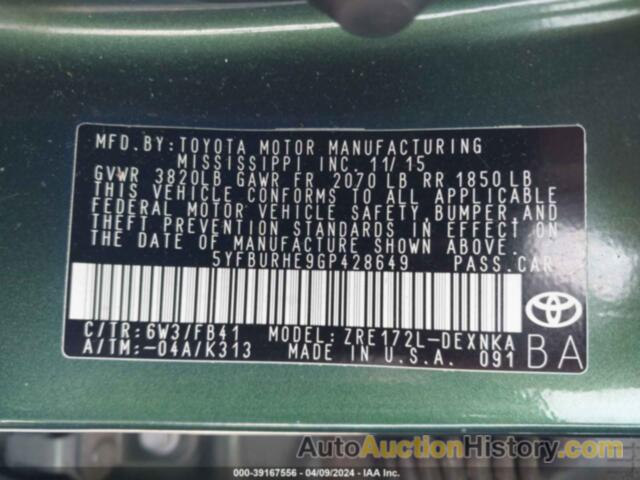 TOYOTA COROLLA L/LE/LE PLS/PRM/S/S PLS, 5YFBURHE9GP428649