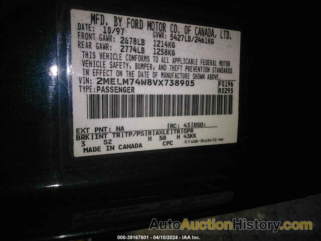 MERCURY GRAND MARQUIS GS, 2MELM74W8VX738905