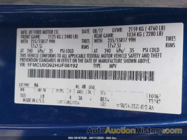 FORD ESCAPE SE, 1FMCU0G92HUF06192