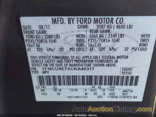 FORD ESCAPE LIMITED, 1FMCU9E7XCKA45317