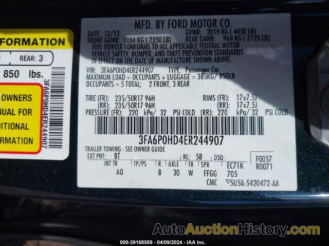 FORD FUSION SE, 3FA6P0HD4ER244907