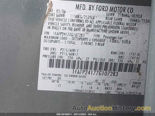 FORD FIVE HUNDRED SEL, 1FAFP24177G107283