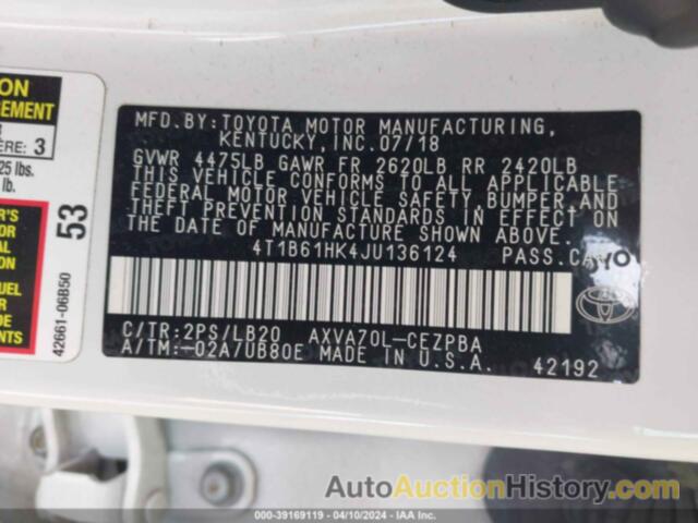 TOYOTA CAMRY XSE, 4T1B61HK4JU136124