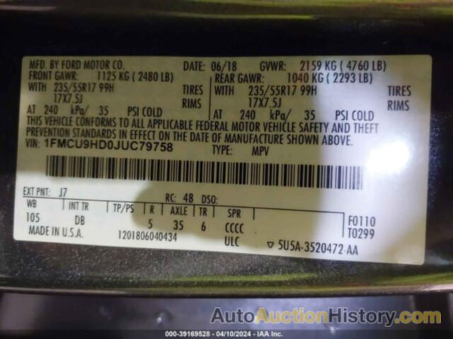 FORD ESCAPE SEL, 1FMCU9HD0JUC79758