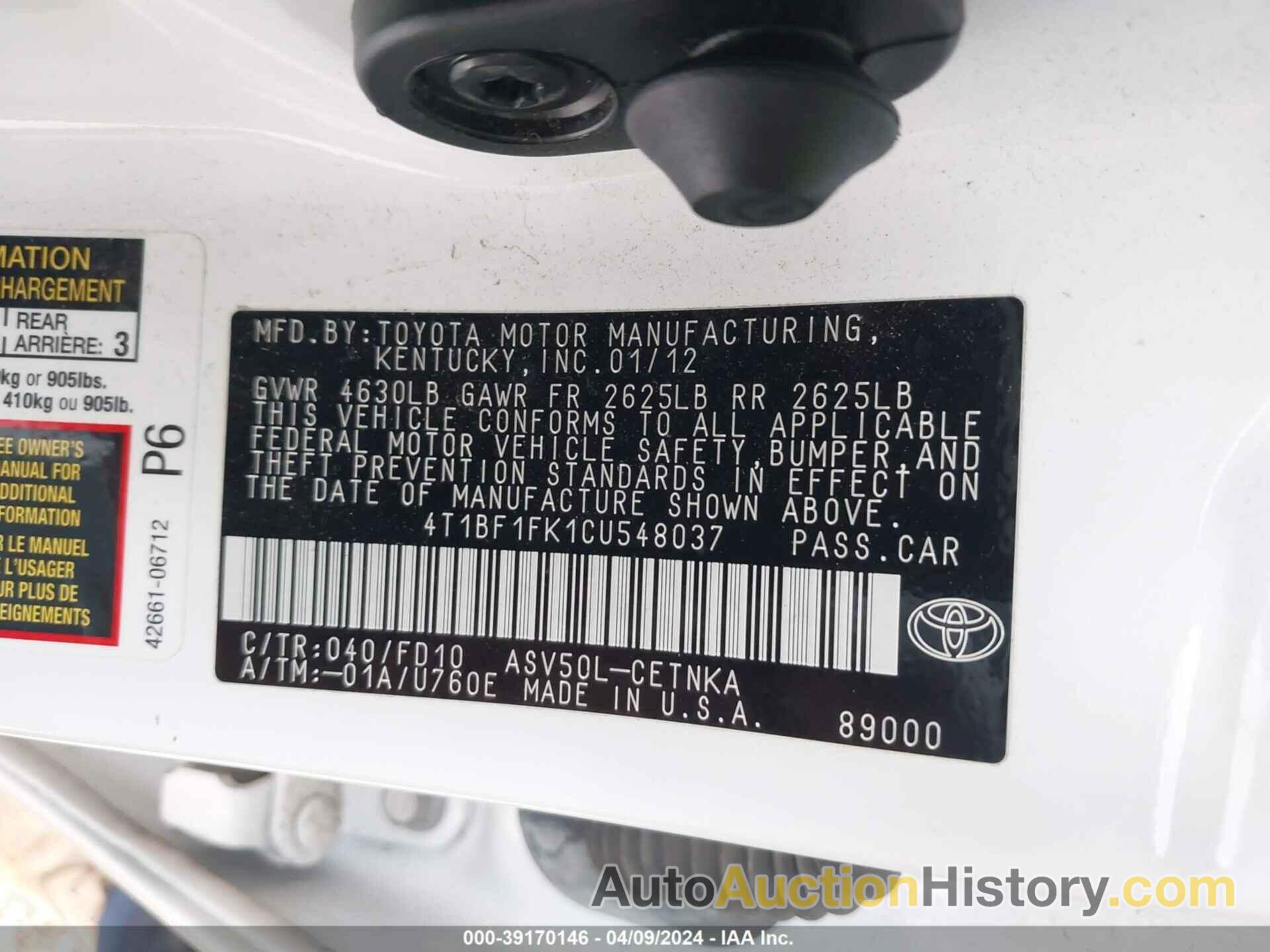 TOYOTA CAMRY LE, 4T1BF1FK1CU548037