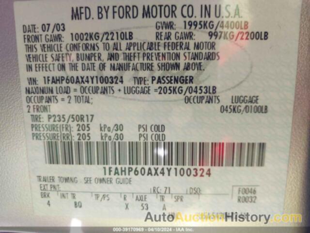 FORD THUNDERBIRD, 1FAHP60AX4Y100324