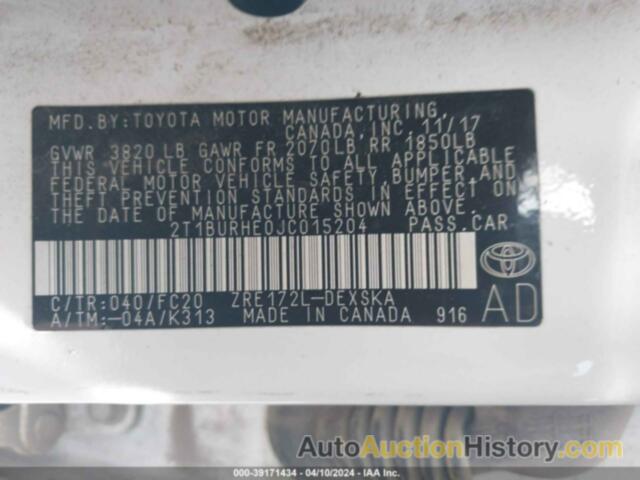 TOYOTA COROLLA L/LE/XLE/SE/XSE, 2T1BURHE0JC015204