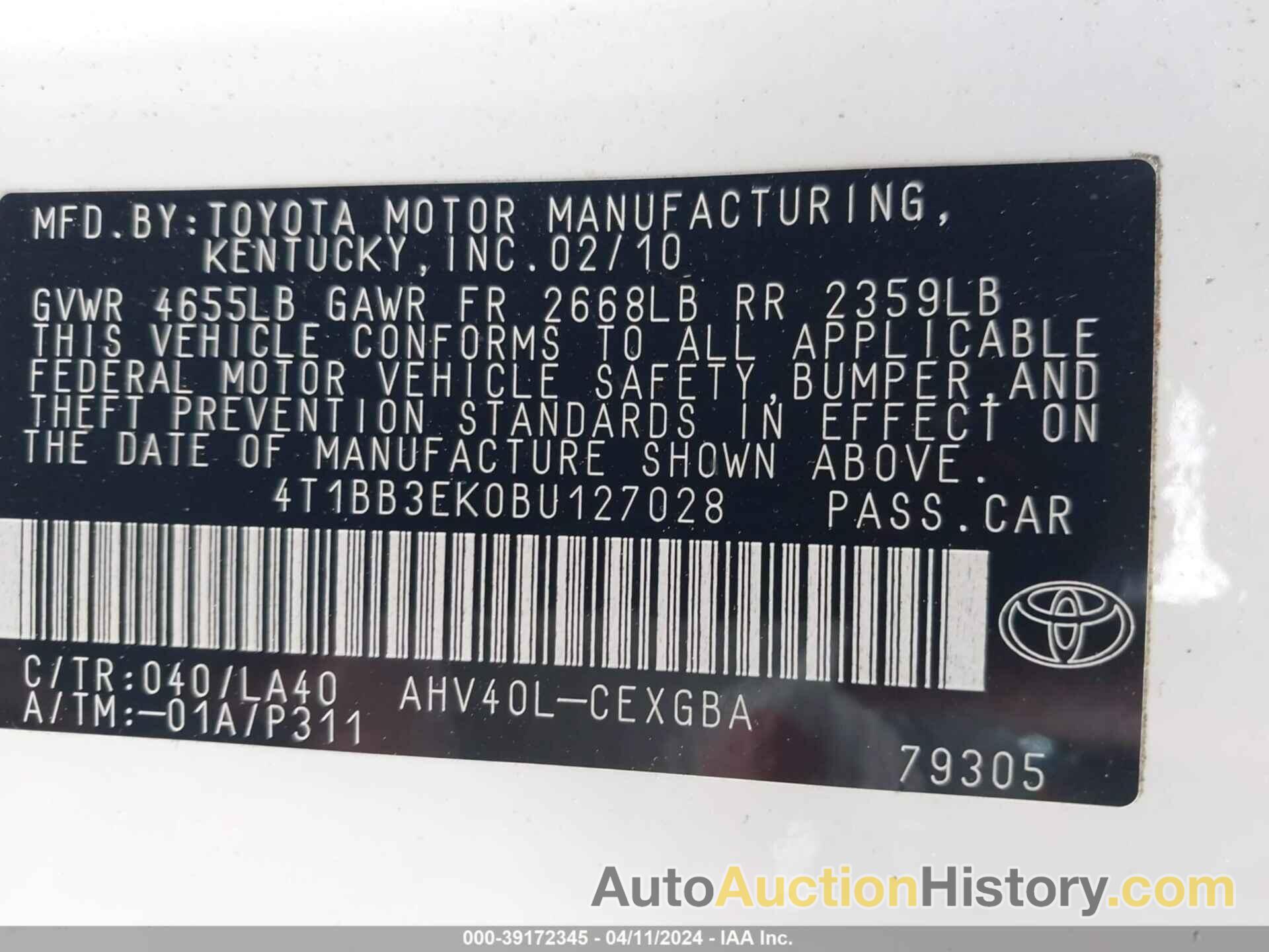 TOYOTA CAMRY HYBRID, 4T1BB3EK0BU127028