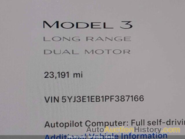 TESLA MODEL 3 LONG RANGE DUAL MOTOR ALL-WHEEL DRIVE, 5YJ3E1EB1PF387166