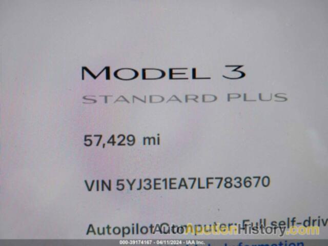 TESLA MODEL 3 STANDARD RANGE PLUS REAR-WHEEL DRIVE/STANDARD RANGE REAR-WHEEL DRIVE, 5YJ3E1EA7LF783670