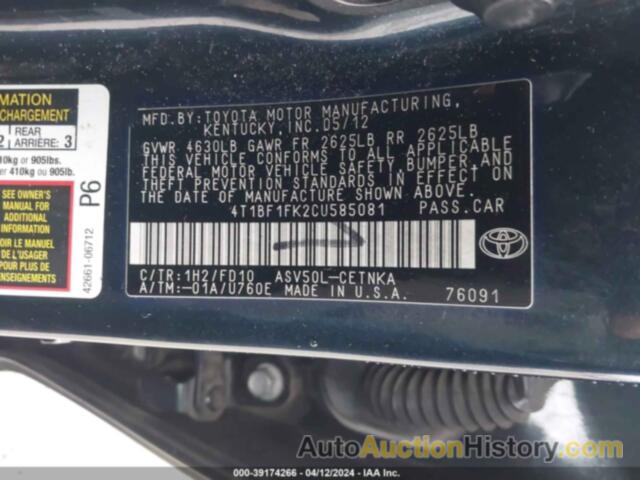 TOYOTA CAMRY SE/LE/XLE, 4T1BF1FK2CU585081