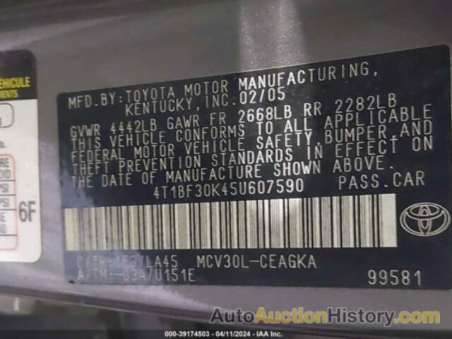 TOYOTA CAMRY XLE V6, 4T1BF30K45U607590