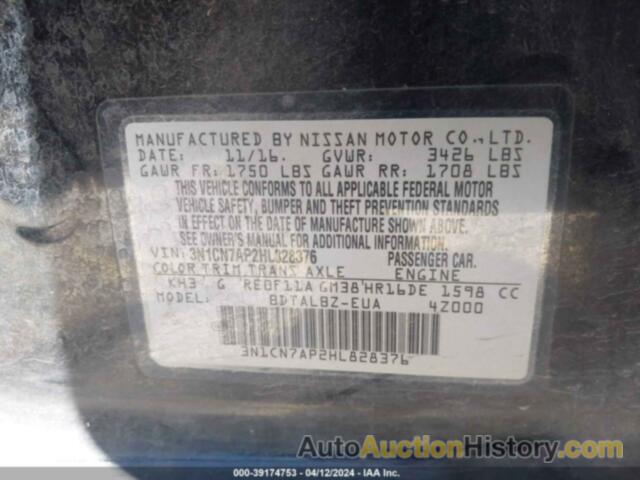 NISSAN VERSA 1.6 SV, 3N1CN7AP2HL828376