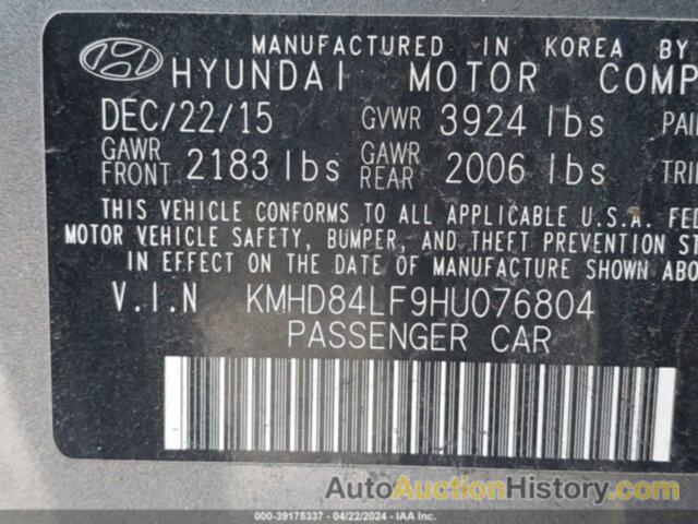 HYUNDAI ELANTRA LIMITED, KMHD84LF9HU076804