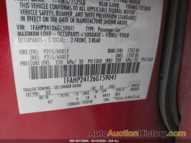 FORD FIVE HUNDRED SEL, 1FAHP24126G159041