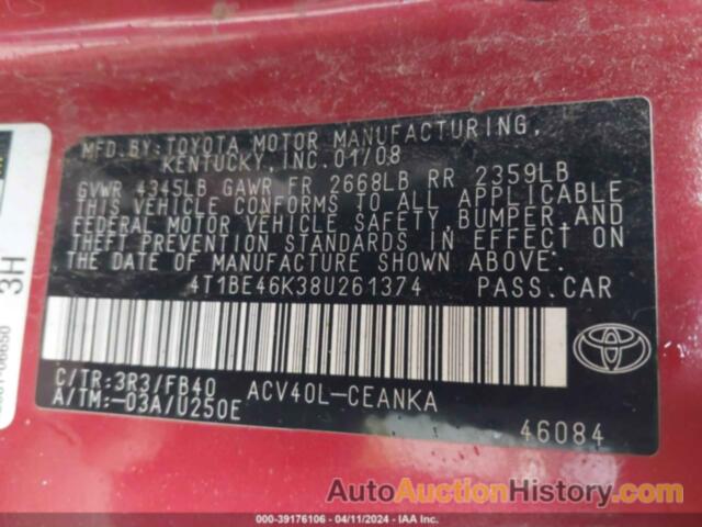 TOYOTA CAMRY LE, 4T1BE46K38U261374