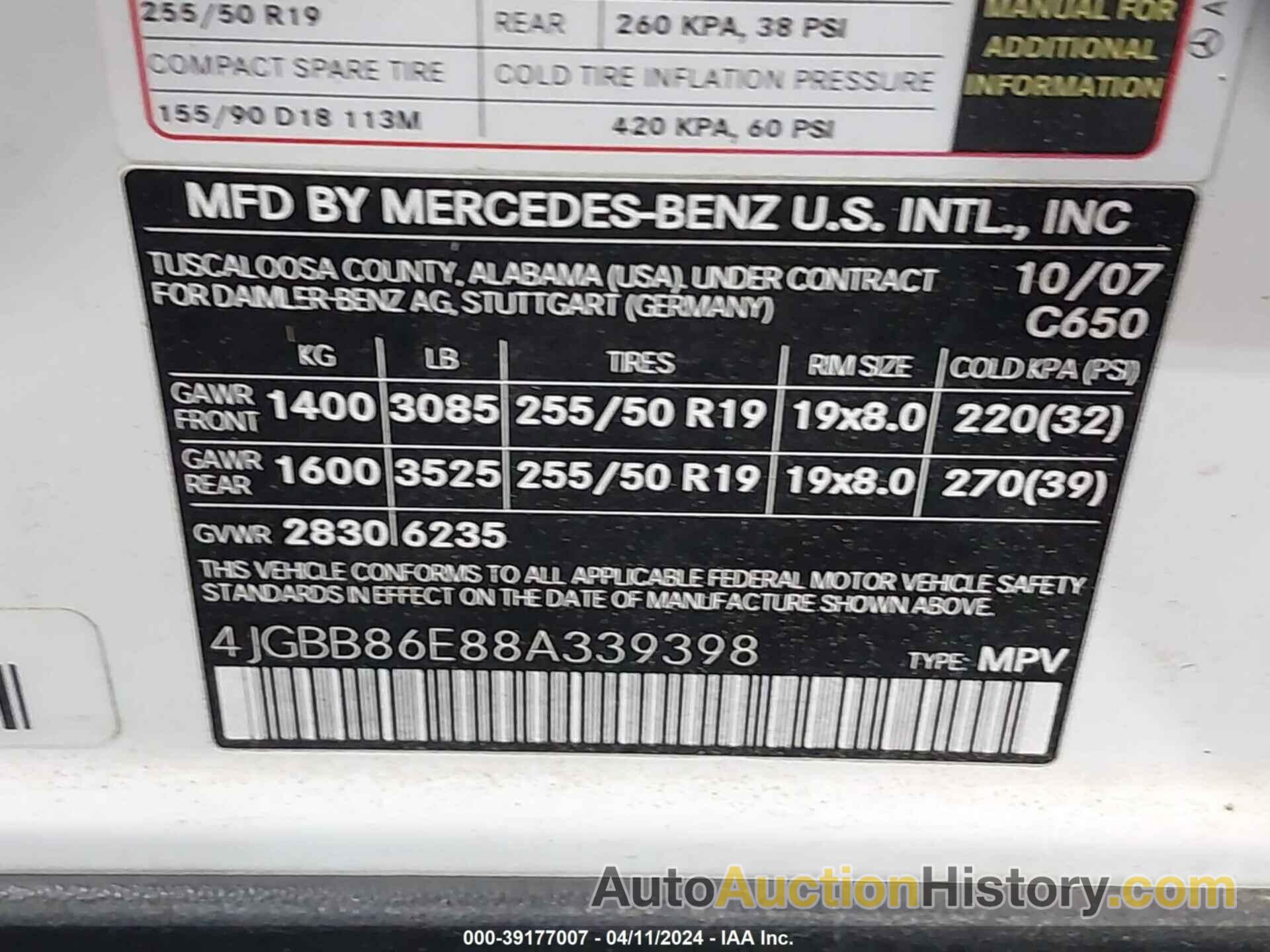 MERCEDES-BENZ ML 350 4MATIC, 4JGBB86E88A339398