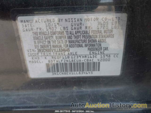 NISSAN VERSA SV, 3N1CN8EV1LL834645