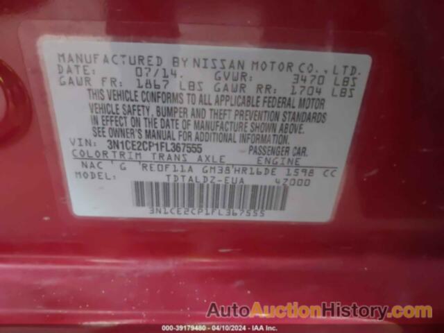 NISSAN VERSA NOTE S (SR)/S PLUS/SL/SR/SV, 3N1CE2CP1FL367555