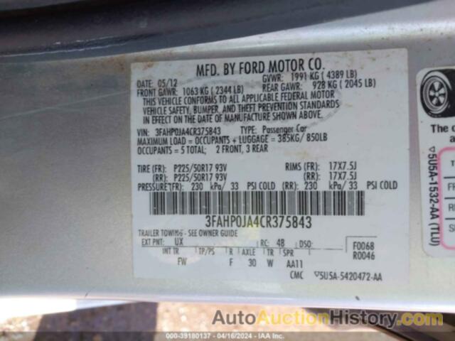 FORD FUSION SEL, 3FAHP0JA4CR375843