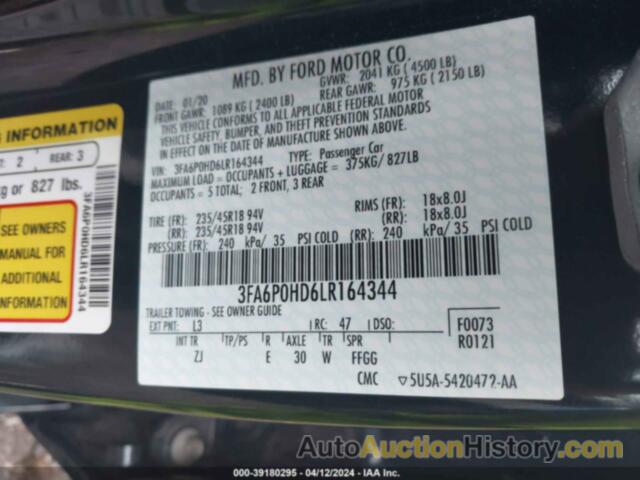 FORD FUSION SE, 3FA6P0HD6LR164344