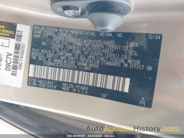 TOYOTA SIENNA XLE, 5TDBA22C35S036374