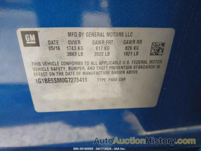 CHEVROLET CRUZE LT AUTO, 1G1BE5SM0G7273411