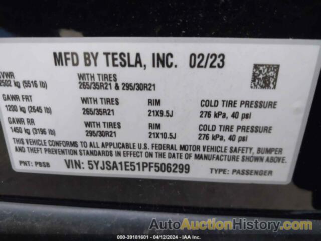 TESLA MODEL S DUAL MOTOR ALL-WHEEL DRIVE/STANDARD RANGE, 5YJSA1E51PF506299