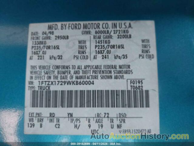 FORD F-150 STANDARD/XL/XLT, 1FTZX1729WKB60004